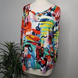 Pure Essence Shirt Womens XL Multicolor Abstract Art Print Ruched Sleeve Top